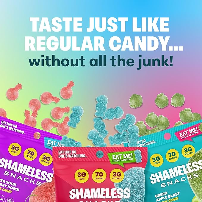 Shameless Snacks Sour Flavors Bundle Healthy Low Carb Keto Gummies Cherry Bomb, Blue Raspberry and Green Apple