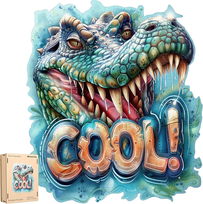 Wooden Puzzles for Adults, Cool Crocodile Jigsaw Puzzles 200 Pieces Animal Unique Shaped Wood Cut Puzzle Gifts for Adults and Kids, Family Puzzle Games, Medium Size
