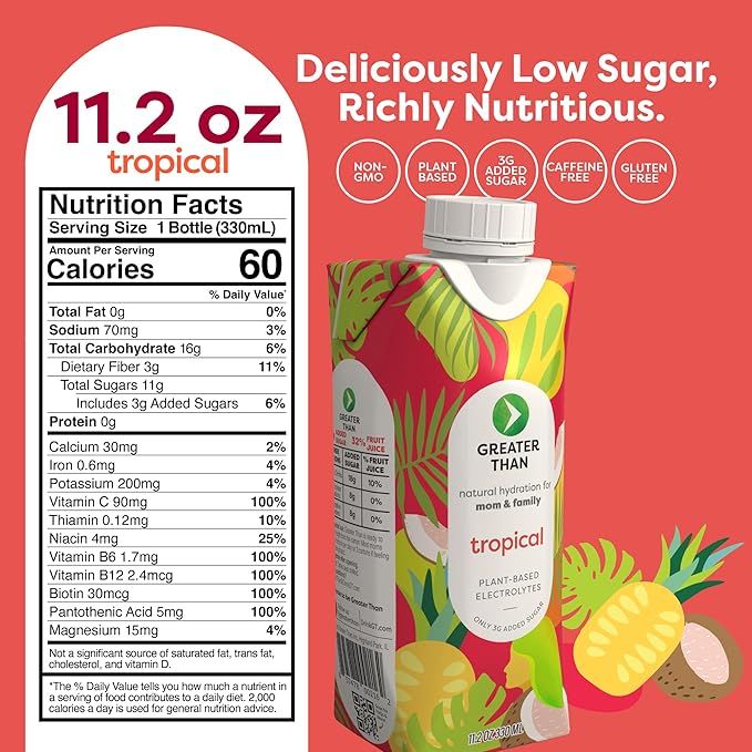 Greater Than Nutrient Hydration Beverage, Electrolyte Drink for Gut Health & Energy with Coconut Water, Vitamins, Gluten Free, Plant Based, Low Sugar, Tropical, 24 Pack
