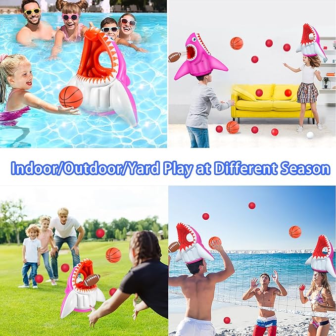 Shark Pool Toys, 3-in-1 Inflatable Pool Floats Basketball & Football & Head Hoop Toss Water Games Fun Beach Outdoor Activities for Kids Adults, Family Party Gift for Boys Girls 3 4 5 6 7 8 9