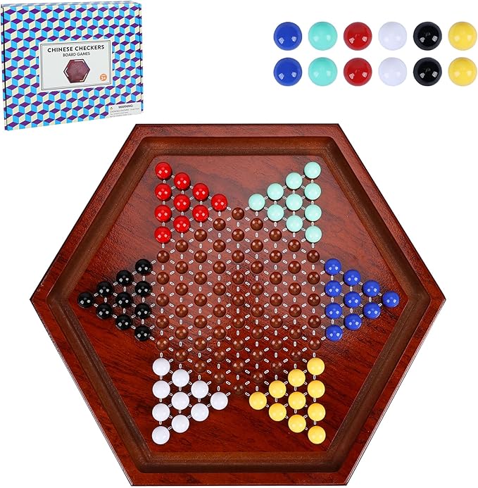 14 inches Wooden Chinese Checkers Set, 60+12 Colorful Glass Marbles in 6 Colors, Classic Strategy Games for Adults Kids and Seniors, Fun for Whole Family Board Game (Up to 6 Players)