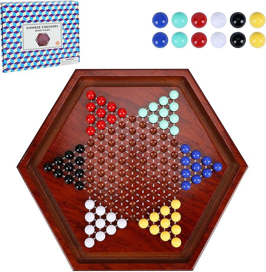 14 inches Wooden Chinese Checkers Set, 60+12 Colorful Glass Marbles in 6 Colors, Classic Strategy Games for Adults Kids and Seniors, Fun for Whole Family Board Game (Up to 6 Players)