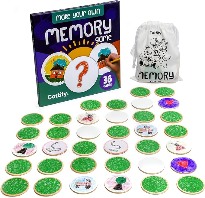 Create Your Own Memory Game 36pc Art & Craft Kit, Durable & Scratch-Resistant Blank Wooden Cards, Replacement Stickers, Matching Games for Toddlers 3-5 and Up, Blank Board Game