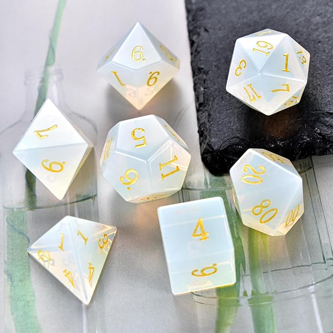 Gemstone DND Stone Dice Sets D&D 7 Pcs Polyhedral Dice Set Handmade Opal Stone Dice Set Natural Gemstone Dice Sets with Metal Case for Dungeons and Dragons RPG MTG Tabletop Games
