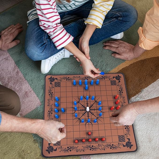 Hnefatafl Viking Chess Board Set,Two Player Strategy Board Game with A Wooden Storage Box, A Rubber Viking Chess Mat and 37pcs Colorful Chess Pieces
