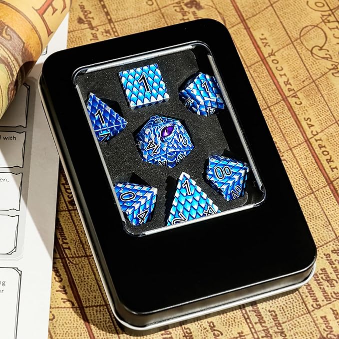 Metal Dice Set D&D,7 PCS Dragon Scale Metallic DND Dice Set,Dragon Eye Metal Dice with Grogeous Gift Case for Dungeons and Dragon Tabletop Game (Blue Dragon Scale & Purple Eye)