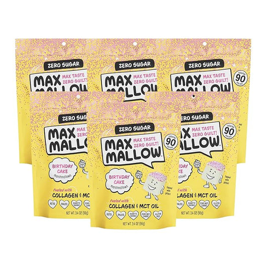 Max Mallow Sugar Free Marshmallows - Keto Friendly, Perfect for S'mores, Hot Chocolate, and Baking with Zero Sugar Snacks, Smores Mct Oil Zero Sugar Marshmellow Marshmallow Birthday Cake, 6 Pack
