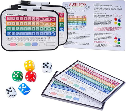 ASUTIIBO Replacement Score Cards Set for Qwixx，Includes 2 Game Boards，6 Game Dice,2 Dice Game Score Sheets and 1 Game Manual