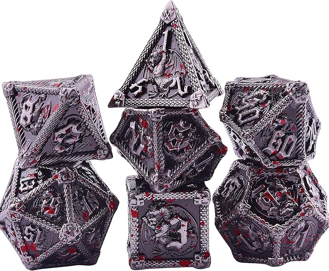 AUSTOR 7-Die Metal DND Dice Set Dungeons and Dragons Polyhedral Roll Playing Dice with Box D20 D12 D10 D% D8 D6 D4 for Pathfinder MTG RPG Board Games