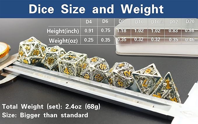 Metal DND Dice Set Dungeons and Dragon Dice Set Hollow Dragon Polyhedral Magic 7 PCS Dice Set with Gift Metal Box for Dungeons and Dragons Table Games Play Cards MTG(Dragon_Ancient Silver and Gold)