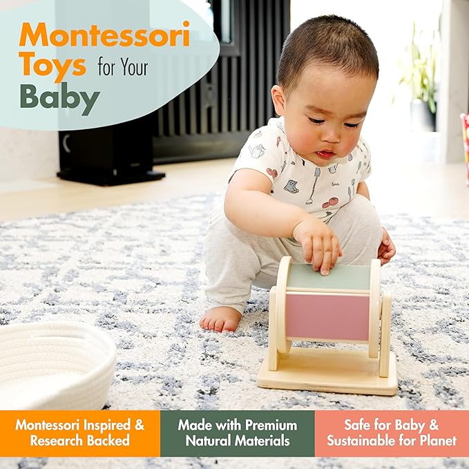 Montessori Toy Set 5-6 Months Infant Toys - Tummy Time Activity Wooden Spinning Drum, Sensory Balls Set, Texture Ball, Flash Cards, Baby Emotions Board Book, Newborn Gifts Basket