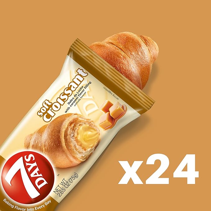 7Days Soft Croissant, Caramel - Dulce De Leche (24 Pack), Breakfast Pastry, Individually Wrapped On The Go Snack, Non-GMO (Pack of 24)