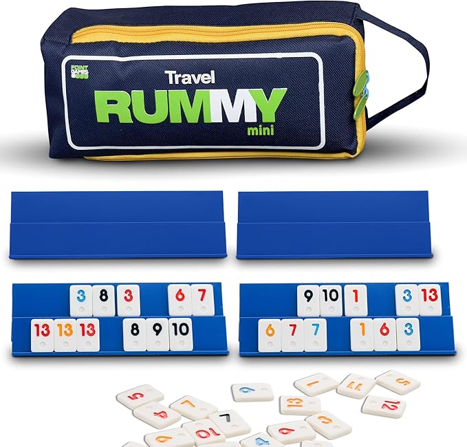 Point Games Classic Mini Rummy Game Set with 4 Exclusive Folding Playing Racks in Super Durable Travel Bag, for 2-4 Players Great Gift for Adults and Kids