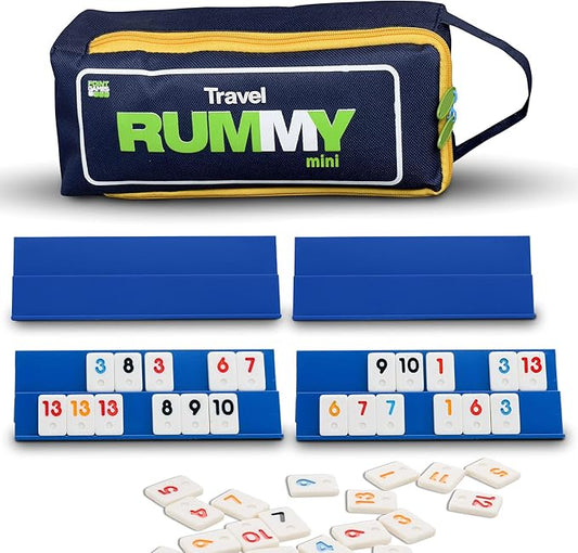 Point Games Classic Mini Rummy Game Set with 4 Exclusive Folding Playing Racks in Super Durable Travel Bag, for 2-4 Players Great Gift for Adults and Kids