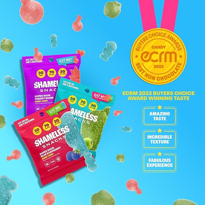 Shameless Snacks Sour Flavors Bundle Healthy Low Carb Keto Gummies Cherry Bomb, Blue Raspberry and Green Apple