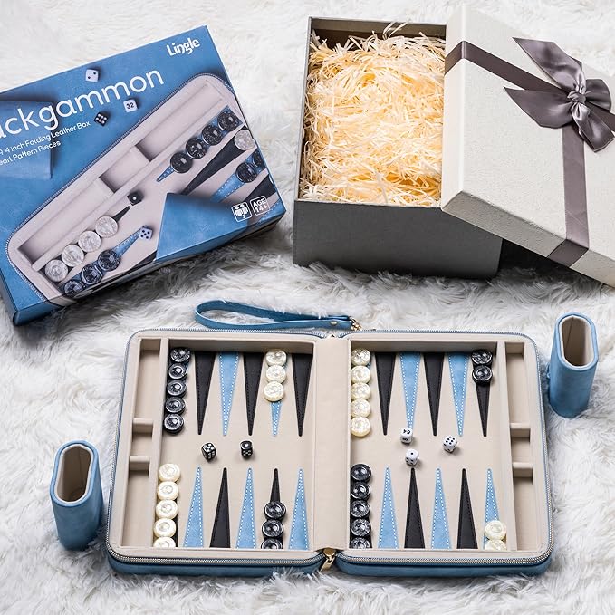 Backgammon Sets for Adults, Classic Board Game with Folding Leather Backgammon Case, Portable Travel Backgammon Game Set (Blue)