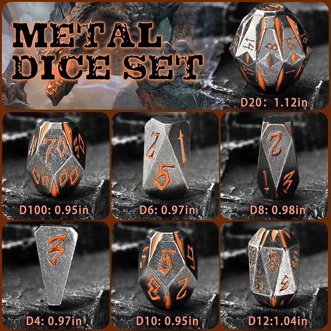 DND Metal Dice Set, ZHOORQI 7 Pcs Polyhedral Dice, Perfect for Dungeons and Dragons, RPG Role Playing Games - Unique Cool Dice with Stonehenge Themed Design for Game Gifts（Rusty Orange）