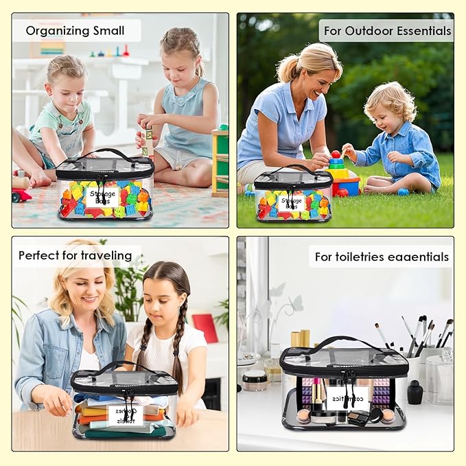 8 Pack Large Clear Toy Storage Bags with Zipper - 9.4x6.7x5.1In Waterproof PVC Organization for Lego, Building Blocks, Board Games & Puzzles - Includes Name Tag (Black)