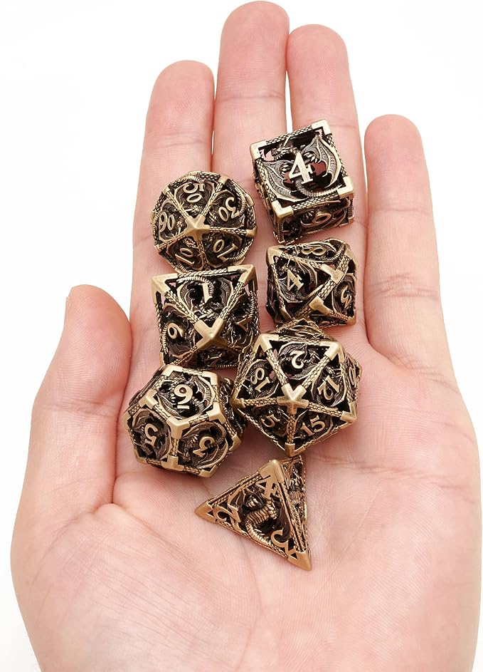 DND Dice,Hollow D&D Metal Dice,Dungeons and Dragons Dice Set with Gift Box,7 PCs Steampunk Polyhedral Dice Games Set for RPG,MTG,Pathfinder, (Dragon Ancient Bronze)