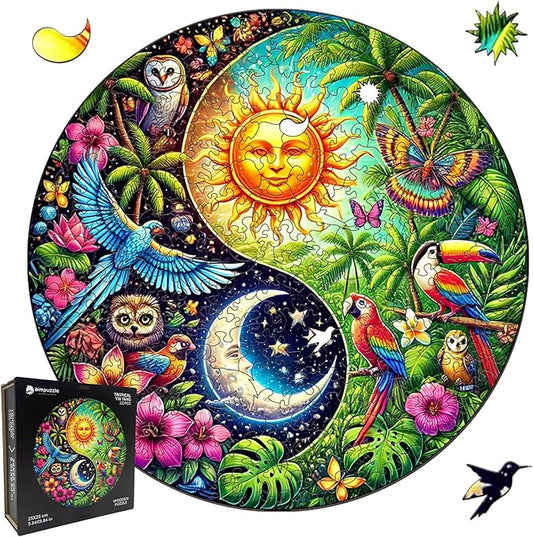Wooden Puzzle for Adults – Tropiacl Yin-Yang Shaped Jigsaw, Unique Brain Teaser for Kid & Teen, 220 Pieces, 10"x10", Ships as Whole Puzzle Board (No Loose Pieces), Gift-Ready Box, Fun Family Game