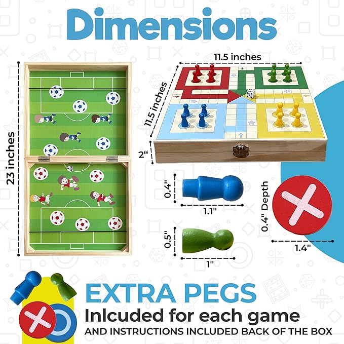 Double Sided 4-in-1 Board Games - Fast Sling Puck Game | Ludo Board Game | Tic Tac Toe Game | Chinese Checkers Board Game | Family Board Games for Kids and Adults | Wooden Board Games for Family Night