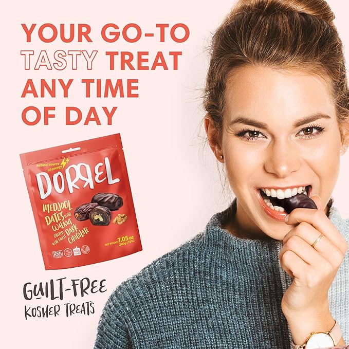 DORREL - Belgian Dark Chocolate Covered Dates (Medjool) with Walnuts Stuffing, High Energy Vegan Choco Snack, Delicious, Kosher & Non-GMO, Pack of 3 Stuffed Chocolate Dates, 7.05 oz / 200 g Ea