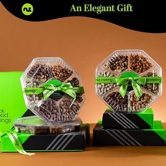 NUT CRAVINGS - Mixed Nuts Gift Basket + Green Ribbon (7 Assortments, 2.2 LB) Food Arrangement, Healthy Snack Care Package, Kosher