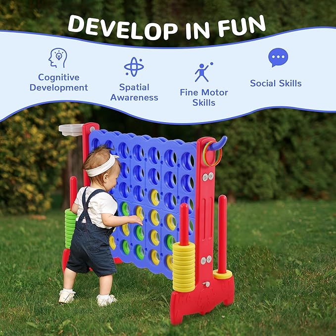 Giant 4-in-A-Row Connect Game Outdoor, Jumbo 4-to-Score Yard Games for Kids and Adults with Basketball Hoop Outdoor Party Family Holiday Games with 42 Rings & Quick-Release Slider