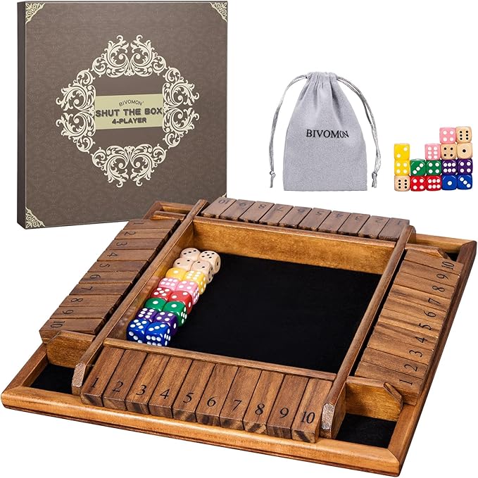 Shut The Box Dice Game with 16 Dice,1-4 Players Wooden Board Table Math Game for Kids Adults, Classic Dice Board Game for Classroom,Home,Party or Pub（12 inches）
