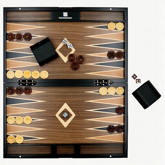 Woodronic 17" Wooden Backgammon Set for Adults, Folding Classic Board Game, Best Strategy Game and Smart Game of Tactics, Walnut Mahogany Case