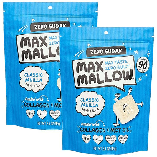 Max Mallow Sugar Free Marshmallows - Keto Friendly, Perfect for S'mores, Hot Chocolate, and Baking with Zero Sugar Snacks, Smores Mct Oil Zero Sugar Marshmellow Marshmallow Classic Vanilla, 2 Pack