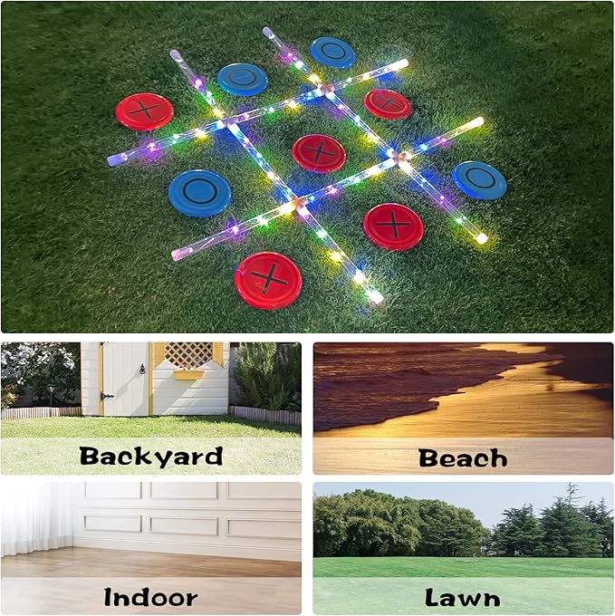 Outdoor Games Giant Tic Tac Toe Games, Yard Lawn Toss Games with Light, Glow in Dark Backyard Games for Family Adults and Kids (3ft x 3ft)