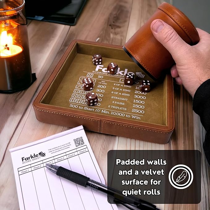 Luck Lab Farkle Dice Tray and Storage Case - Includes Embedded Scoring Combinations, 2 Sets of 6 Pearl Dice, 40 Sheet Score Pad and Pen Holder for The Classic Family Game (Brown)