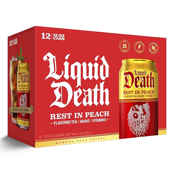 Liquid Death, Rest in Peach Iced Tea, 12-Pack (12 oz Cans), Peach Flavored Back Tea, Low Calorie, No Artificial Sweeteners, B12 & B6 Vitamins