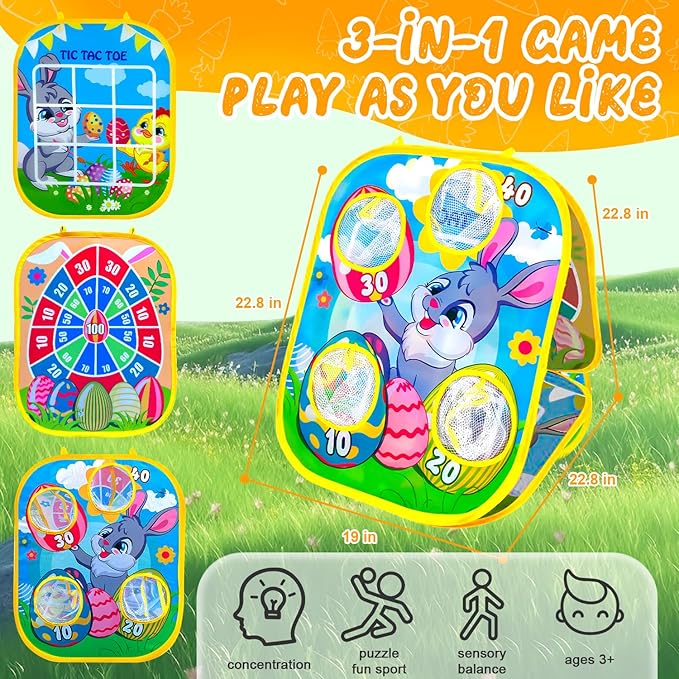 Outdoor Games for Kids Ages 1-10, 3-in-1 Bean Bags Toss Party Games with Cornhole Game & Tic-Tac-Toe | Outdoor Indoor Toys, Family Party Game Toy Present for Girls Boys Birthday