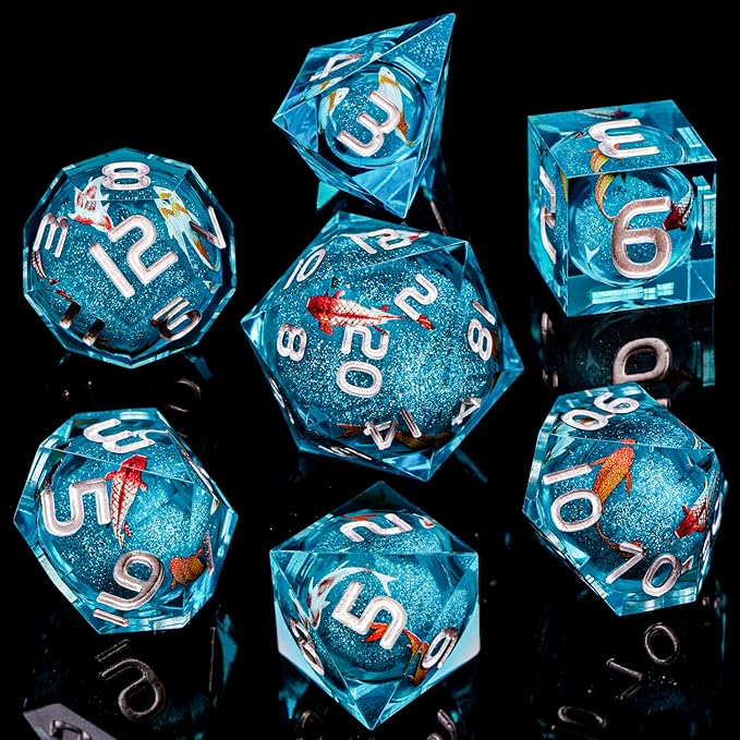 ARUOHHA Liquid Core DND Dice Set, 7pcs Resin Blue Sharp Edged Dragons Dice Compatible with D&D Role Playing Games, Handmade RPG Koi Fish Dungeons Polyhedral Dice Set D20 D12 D10 D8 D6 D4