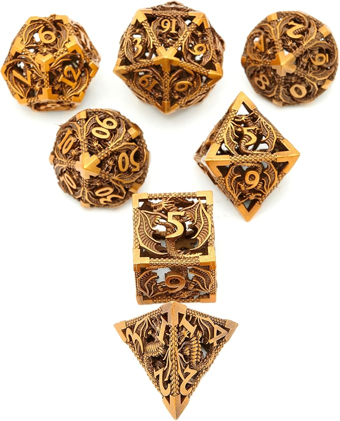 Metal DND Dragon Dice Set Dungeons and Dragons for Role Playing Games (RPG) MTG Pathfinder Tabletop Games(Ancient Gold)