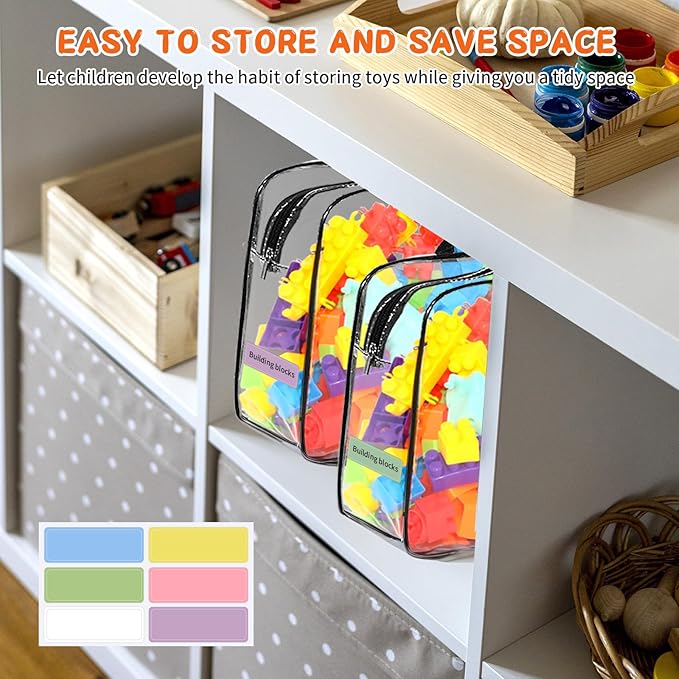 8 Packs Large Toy Storage Bags with Zipper and Labels, Clear PVC Waterproof Toy Organizers Bags for Board Games, Puzzles Pieces, Building Blocks, Handmade Accessories, Kid Books
