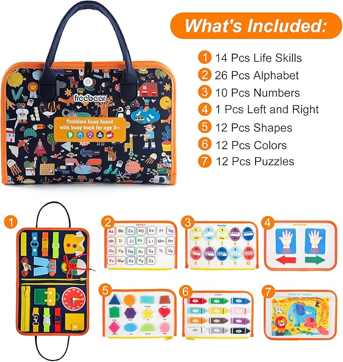 Freebear Busy Board, Toddler Travel Toys, Sensory Toys for Toddlers 2 3 4, Montessori Learning Toys for Toddlers Activities Board, Educational Toys for 2 3 Year Old Boys Girls Gift, Dark Blue Medium