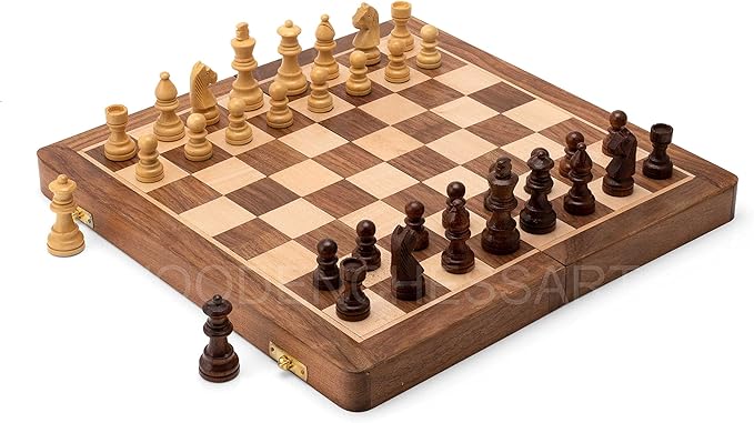 Handmade Magnetic Wooden Folding Chess Board with Storage for 32 Chessmen (7 X 7 Inches)