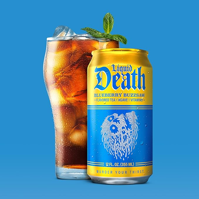 Liquid Death, Blueberry Buzzsaw Flavored Iced Tea, 12-Pack (12 oz Cans), Blueberry Flavored Black Tea, Low Calorie, No Artificial Sweeteners, B12 & B6 Vitamins