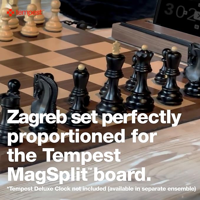 TEMPEST Zagreb 1959 Chess Ensemble (Without Clock) :: Wooden Chess Set + Hardwood Portable Chess Board + Weatherproof Carry-All Bag + Lacquer Storage Box + Scorebook
