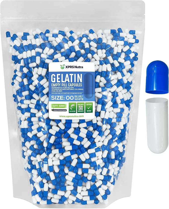 XPRS Nutra Size 00 Empty Capsules - 5000 Count Empty Gelatin Capsules - Pills DIY Capsule Filling - Fillable Pill Gel Caps for DIY Supplements (Blue/White)