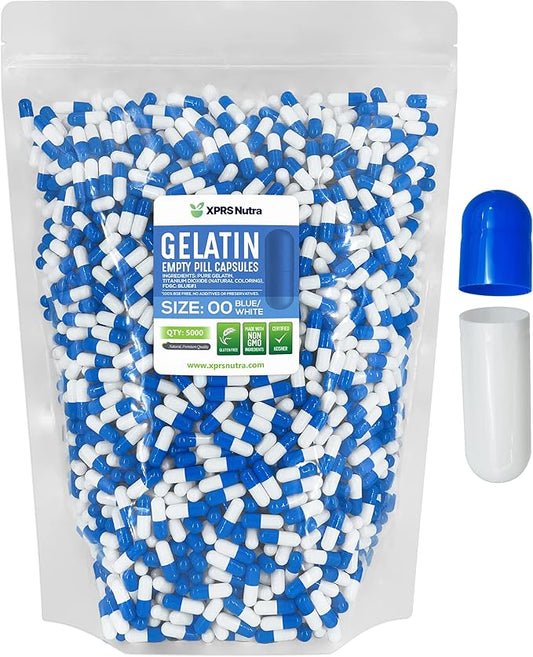 XPRS Nutra Size 00 Empty Capsules - 5000 Count Empty Gelatin Capsules - Pills DIY Capsule Filling - Fillable Pill Gel Caps for DIY Supplements (Blue/White)