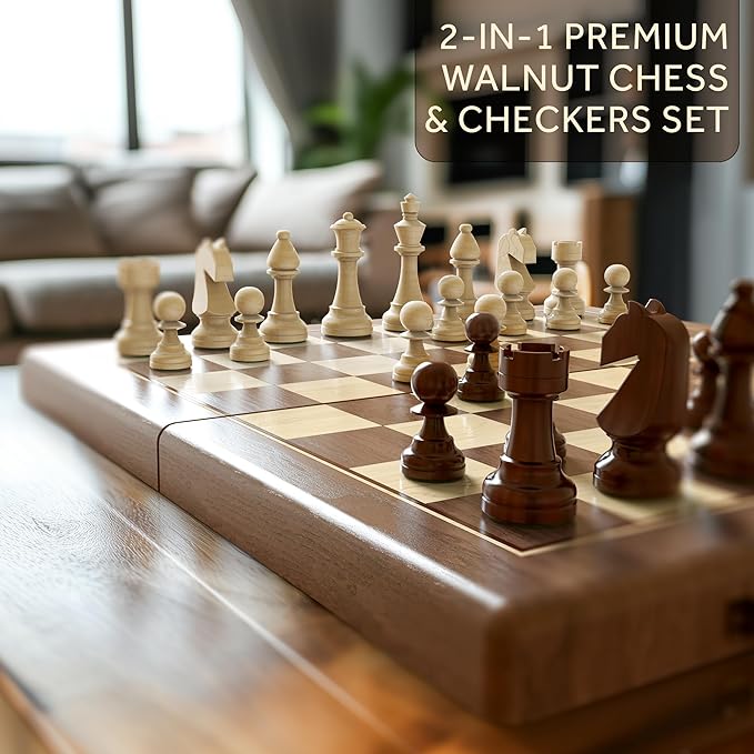 Premium 38 cm Walnut Magnetic Chess and Checkers Set - 2-in-1 Foldable Wooden Board Game with Staunton Figures, 2 Extra Ladies, Tiles and Dust Bag (Black)