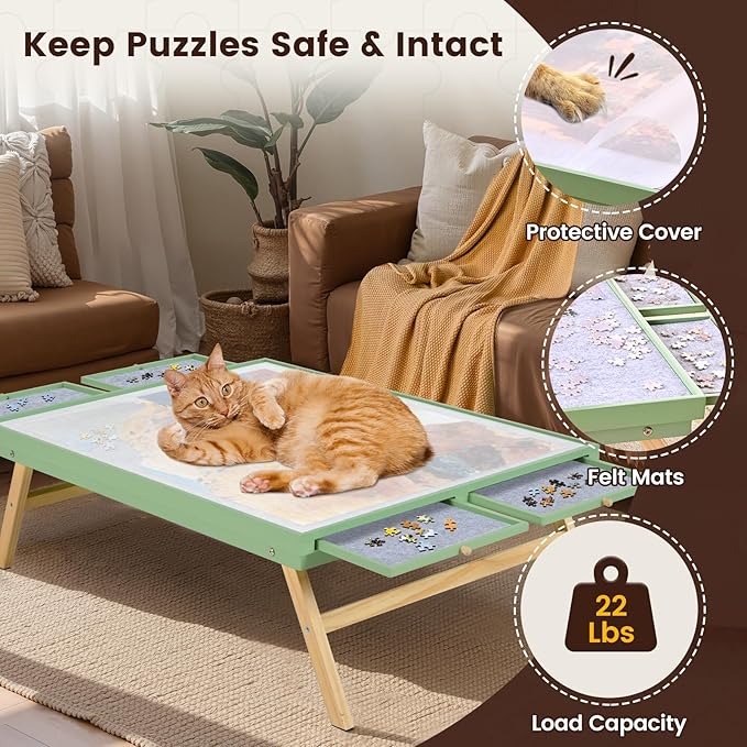 1500 Pieces Wooden Jigsaw Puzzle Board with Foldable Legs, 35"x26.8" Puzzle Table with 4 Drawers and Protective Cover, Large Wood Folding Jigsaw Puzzle Table for Adults and Teens, Mint Green