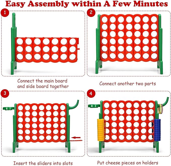 Giant 4 in a Row Connect Game, Jumbo 4 to Score Game Set w/ 42 Chess Rings, Basketball & Hoop, Toss Rings & Quick-Release Lever, Indoor & Outdoor Family Party Game for Kids & Adults