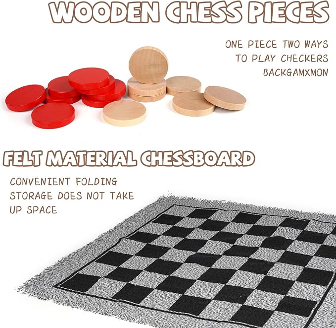 2-in-1 Vintage Giant Checkers and Backgammon Game Set– 26" Outdoor Yard Board Game with 30 Wooden Checkers & 5 Dice – Jumbo Backgammon Set Backyard Game for Family Lawn Games, Outdoor & Indoor Play