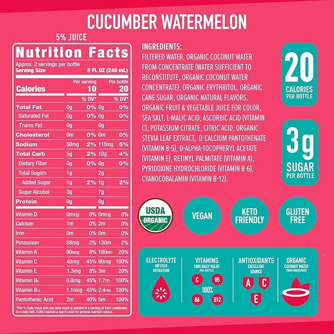 Roar Organic Electrolyte Infusions - USDA Organic - Cucumber Watermelon - with Antioxidants, B Vitamins, Low-Calorie, Low-Sugar, Low-Carb, Coconut Water Infused Beverage 18 Fl Oz (Pack of 12)