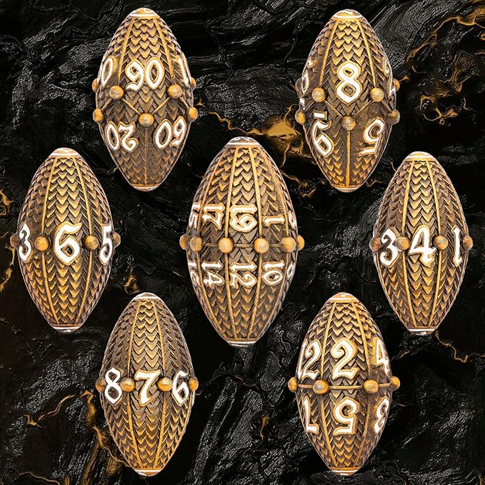 ARUOHHA DND Metal Dice Antique Gold Dragon Egg Dice with Rotating Dragon Egg Shell, Role Playing Game RPG Polyhedral D and D Dice Set D20 D12 D10 D8 D6 D4